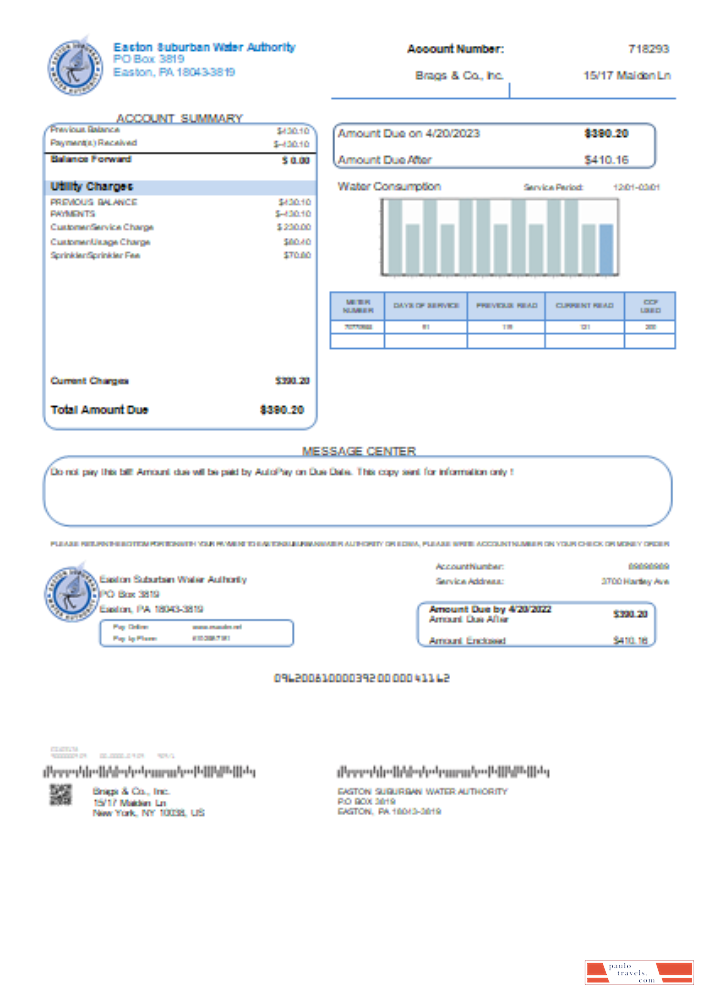 Easton Suburban Water Authority utility business bill, SCR PSD template